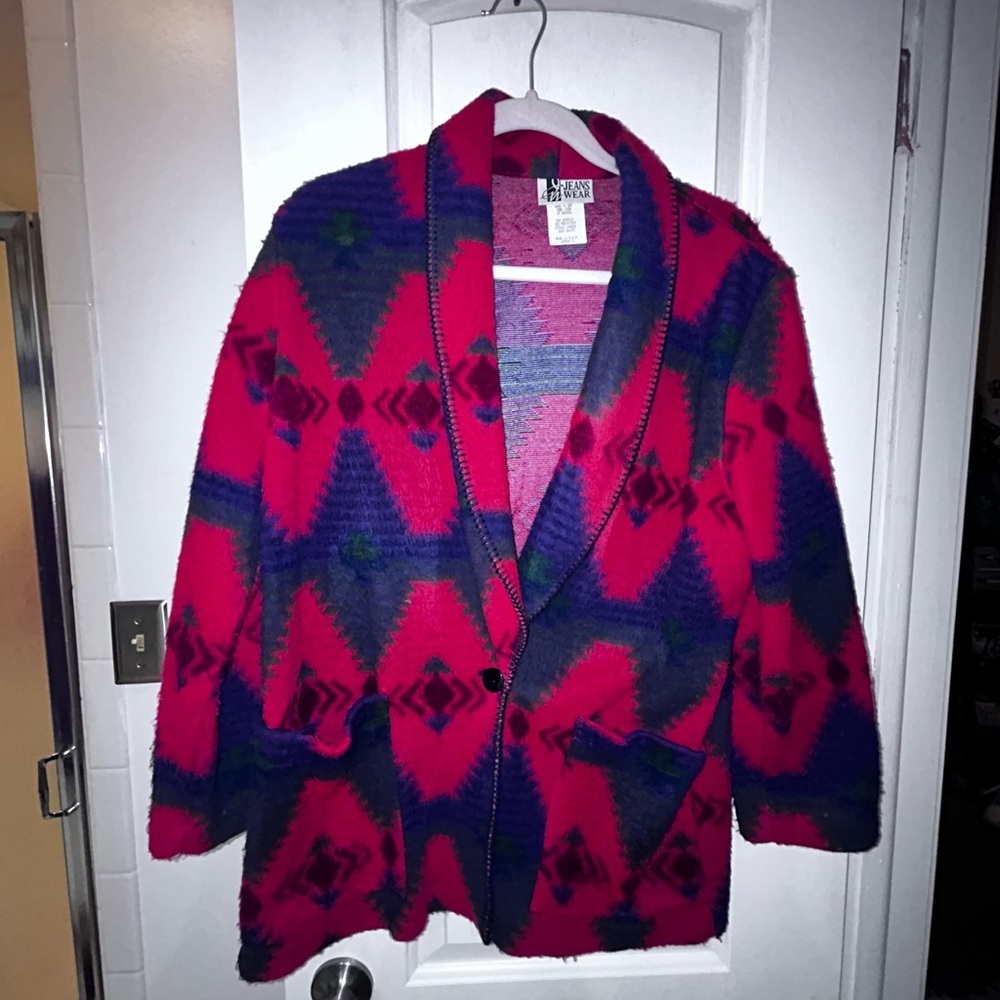 50%offw❤️ VTG Jeans Wear Native Aztec Blazer Jacket Red Multicolor Oversized S